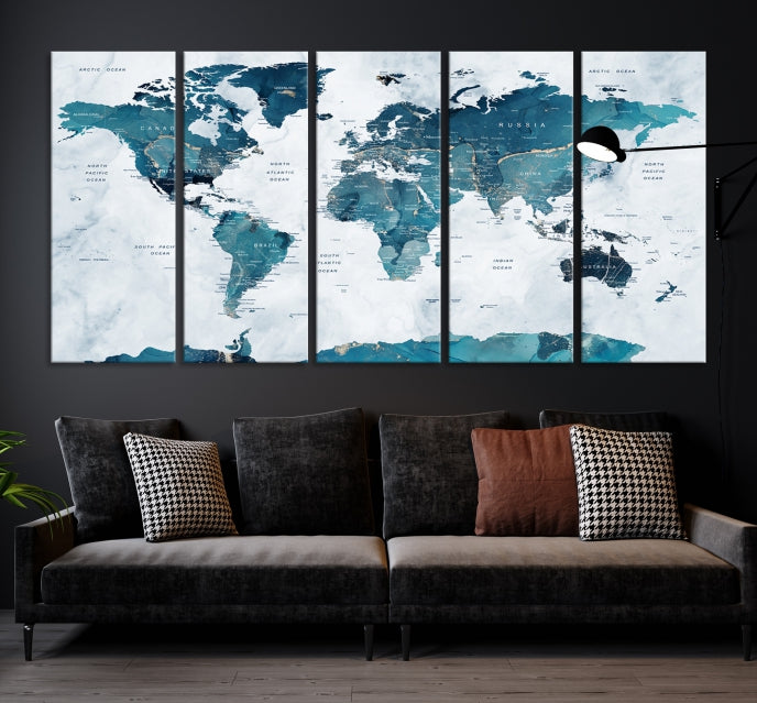 Lienzo decorativo para pared grande con mapa del mundo turquesa