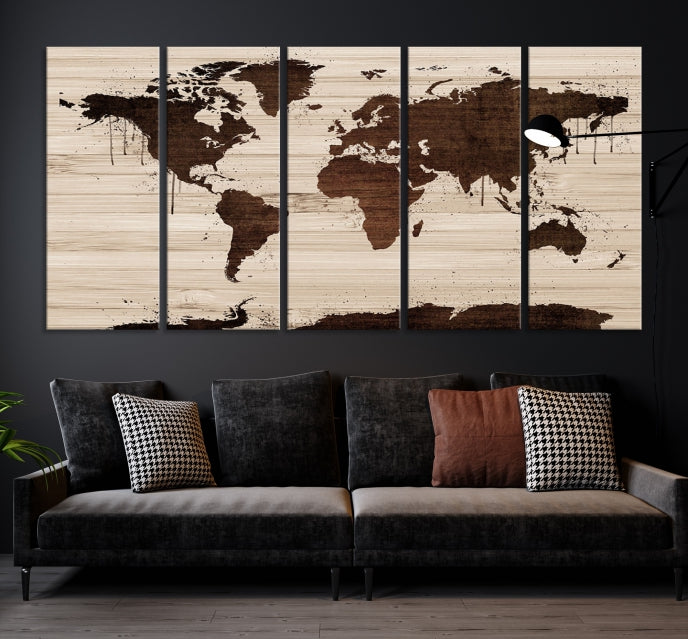 Mapa mundial de arte de pared de acuarela marrón grande Lienzo