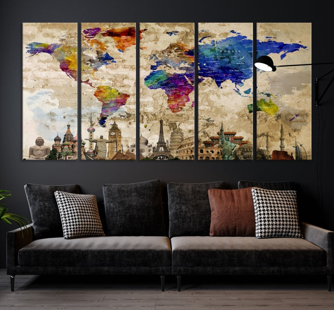Extra grande mapa del mundo arte de la pared acuarela impresión de lienzo