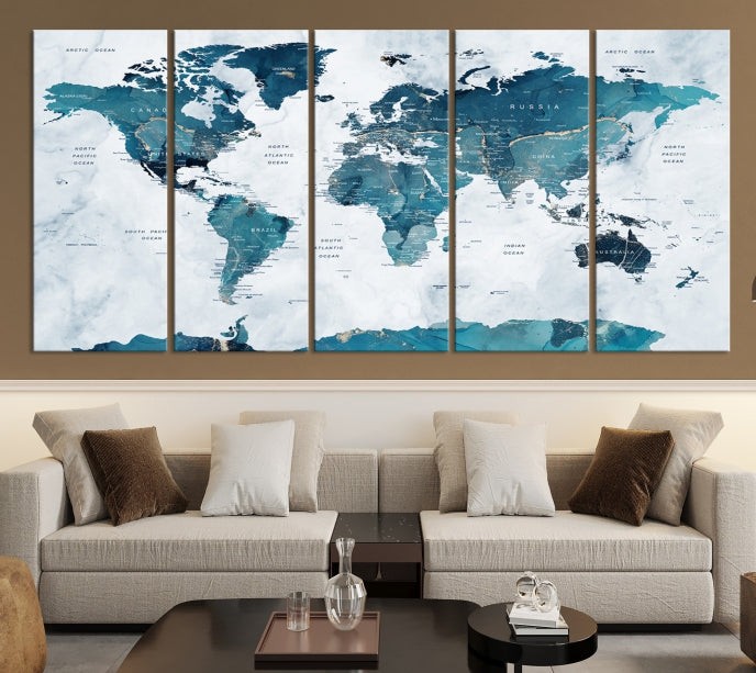 Carte du monde turquoise, art mural, impression sur toile