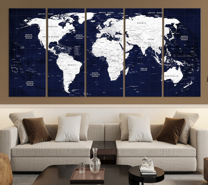 Carte du monde bleu marine Art mural Push Pin Carte du monde Impression sur toile