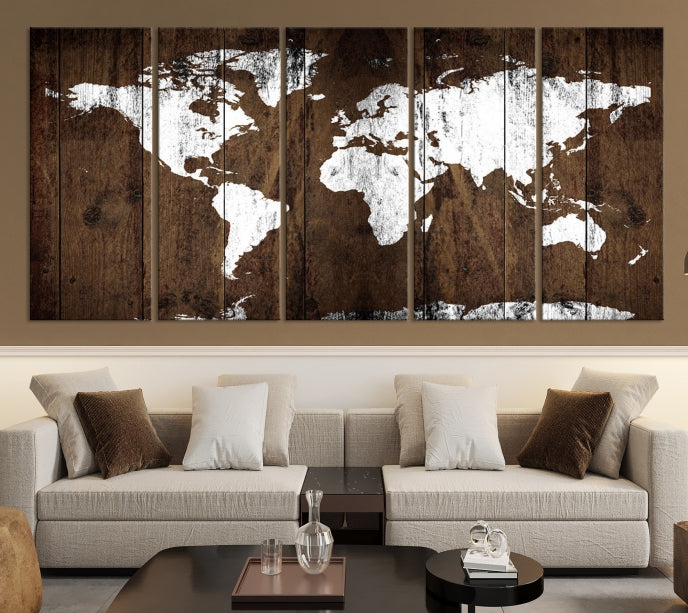 Wall Art White World Map on Wooden Background Canvas Wall Art Print