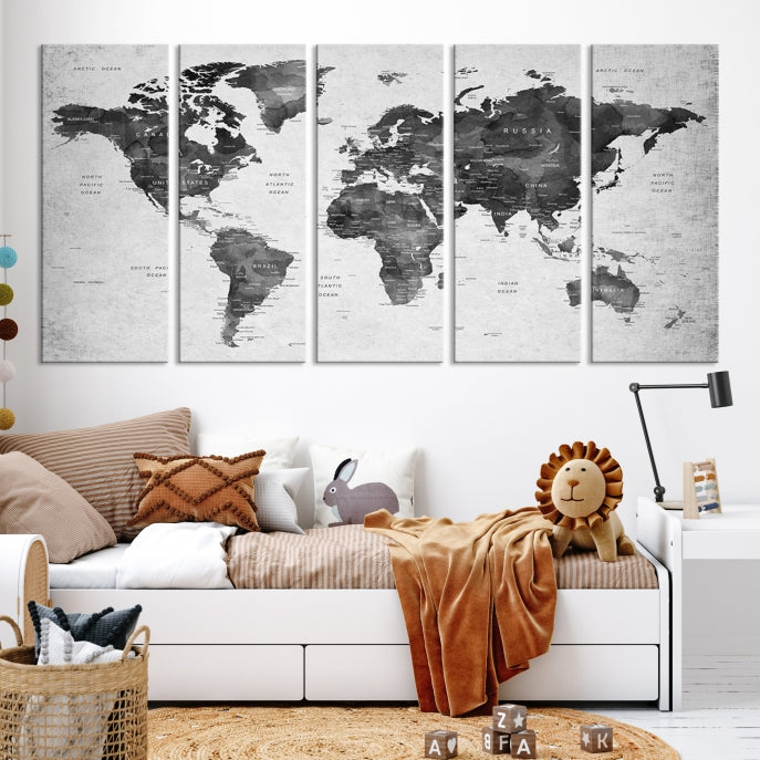 Black World Map Push Pin Travel Lover Wall Art Canvas Print