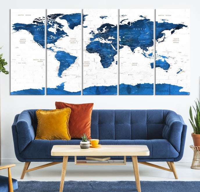 Blue World Map Wall Art Canvas Print