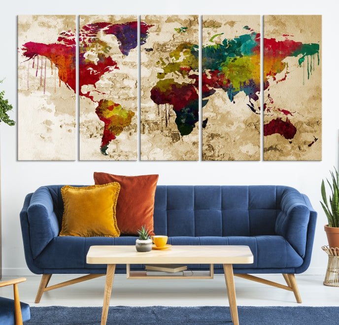 Impresión en lienzo de viaje con mapa del mundo moderno grande en acuarela,