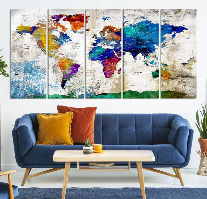 Mapa mundial de pin de empuje de arte de pared grande, pin de empuje, mapa del mundo, lienzo de arte de pared, mapa de pin de empuje, arte de pared azul marino, impresión de mapa del mundo de pushpin,