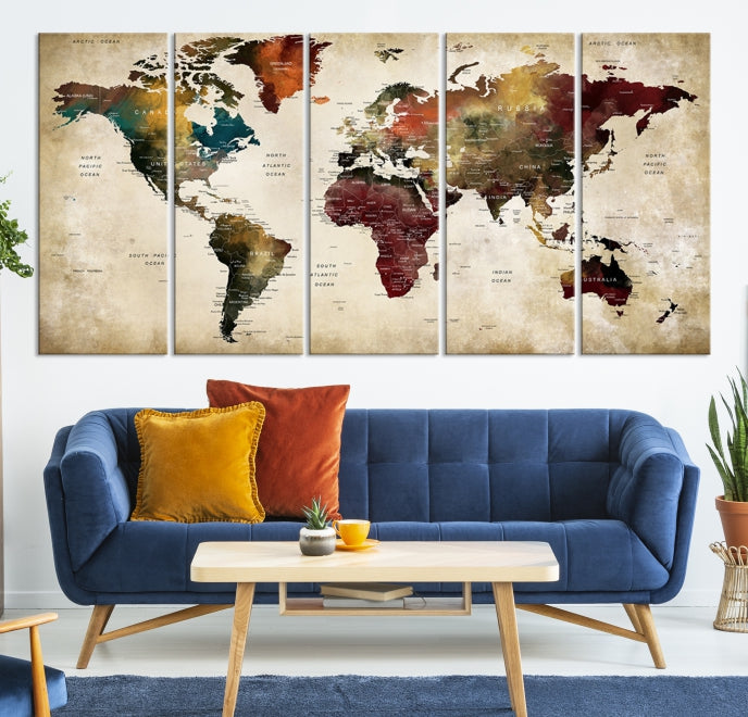 Carte du monde aquarelle punaise sur fond grunge Impression sur toile