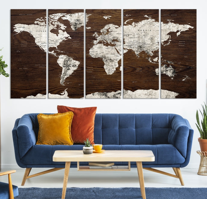 Carte du monde de couleur blanche sur fond marron, art mural, impression sur toile