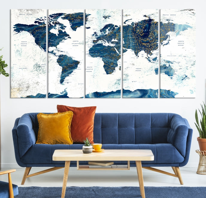 Lienzo decorativo para pared grande con mapa mundial azul marino