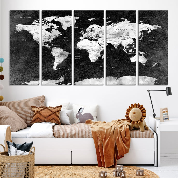Carte du monde à punaise avec impression d'art mural sur toile de l'Antarctique