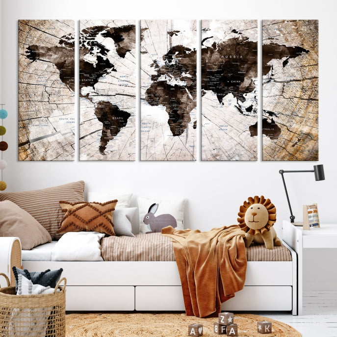 Large Vintage World Map on Wood Style Background Wall Art Print