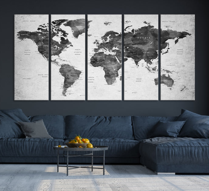 Carte du monde noire Push Pin Travel Lover Wall Art Impression sur toile
