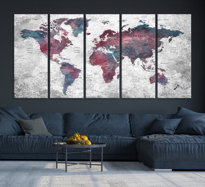 Carte du monde aquarelle grunge, art mural Impression sur toile
