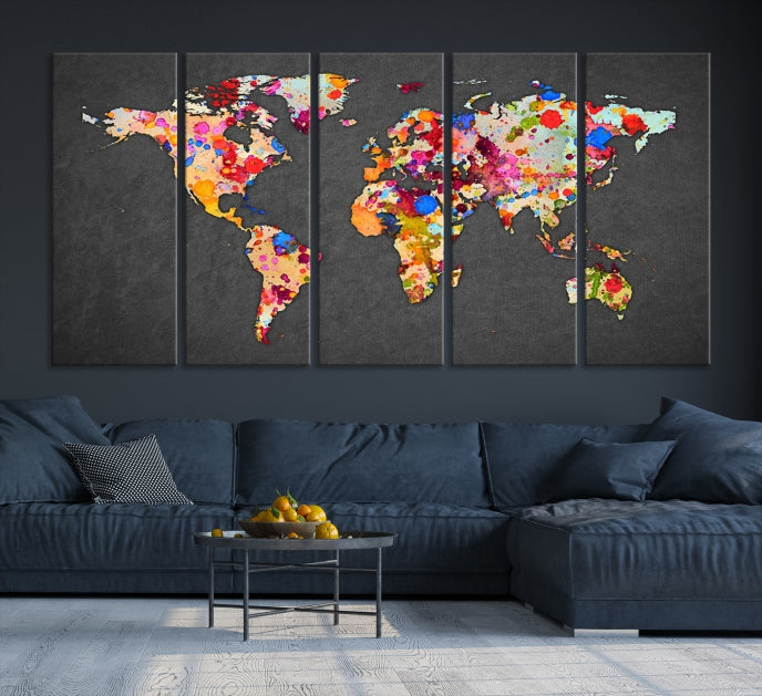 Carte du monde d’art mural, aquarelle, impression sur toile, carte du monde éclaboussée, carte de voyage