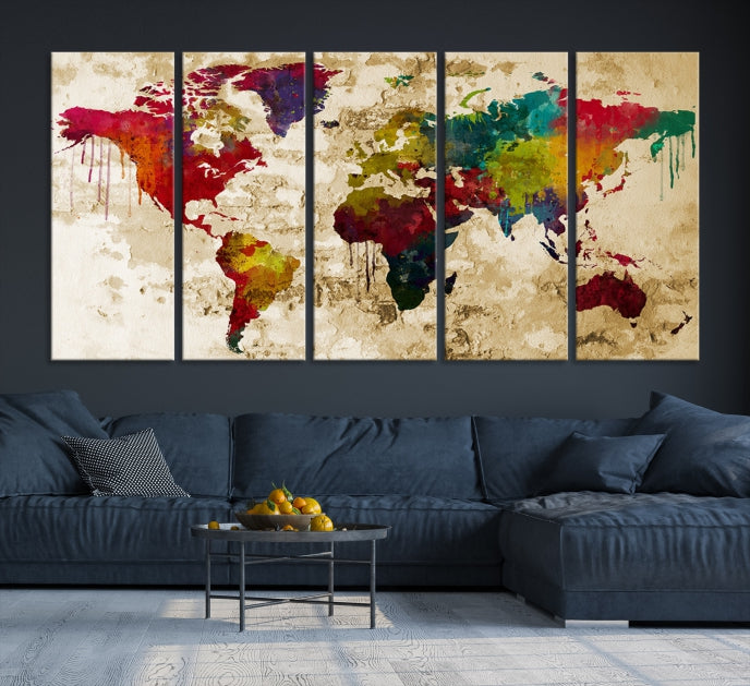 Impresión en lienzo de viaje con mapa del mundo moderno grande en acuarela,