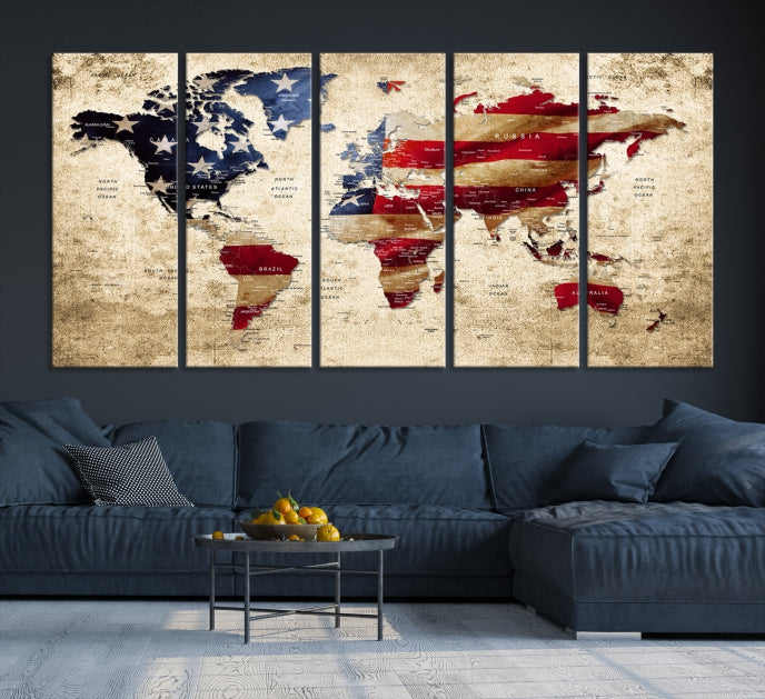 USA Flag and World Map Grunge Canvas Print