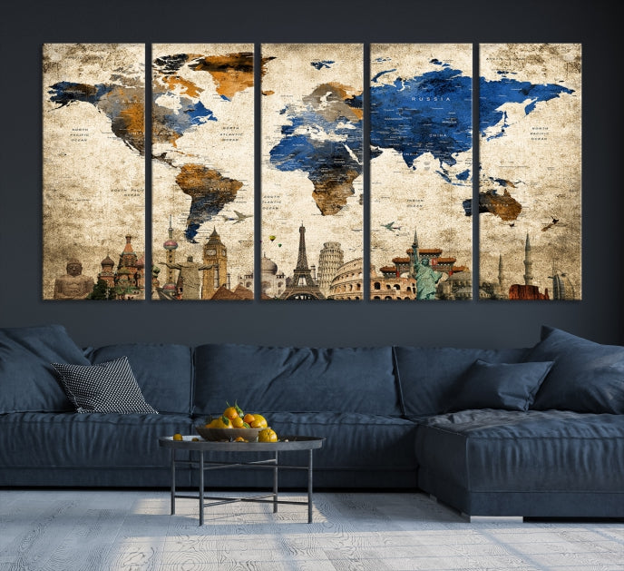 Lienzo decorativo con mapa del mundo y maravillas para pared grande