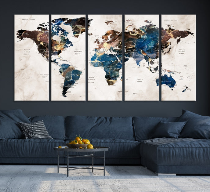 Push Pin World Map Wall Art Aquarelle Peinture Impression sur toile