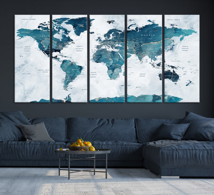 Lienzo decorativo para pared grande con mapa del mundo turquesa