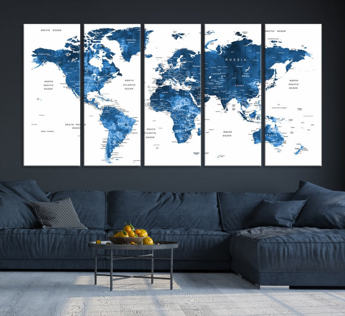 Aquarelle bleue Push Pin Carte du monde Art mural Impression sur toile