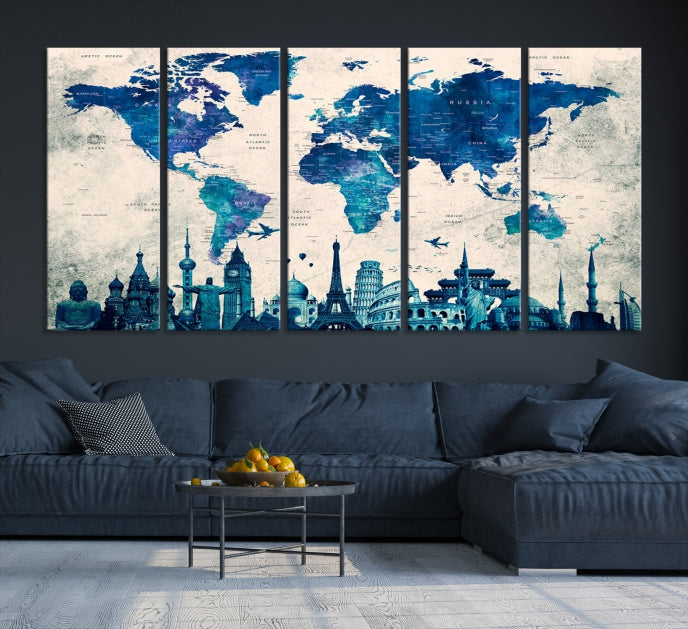 Lienzo grande de 3 paneles con mapa del mundo, arte de pared, acuarela