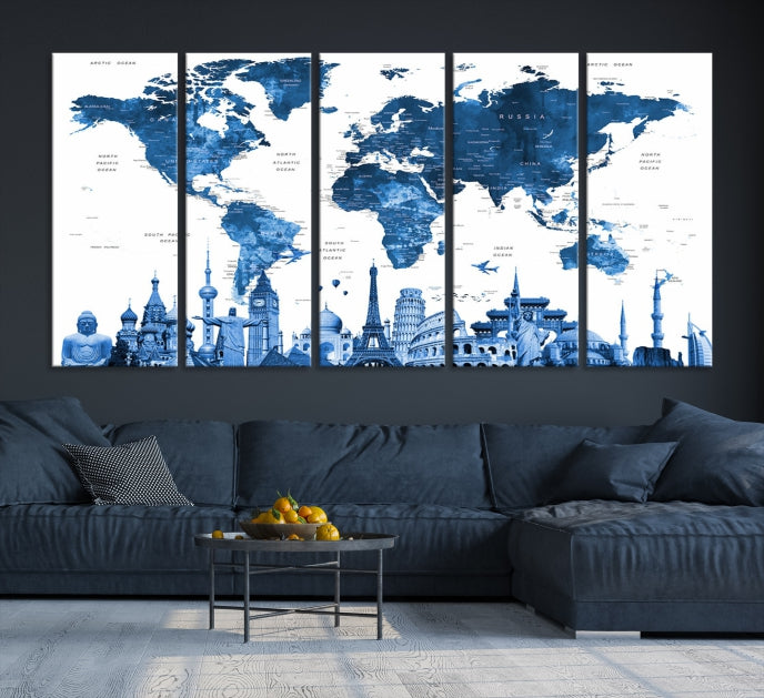 Blue Watercolor World Map Wall Art w/ Wonders of the World Canvas Print
