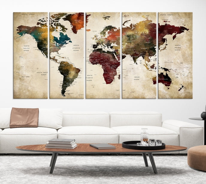 Push Pin Watercolor World Map on Grunge Background Canvas Print
