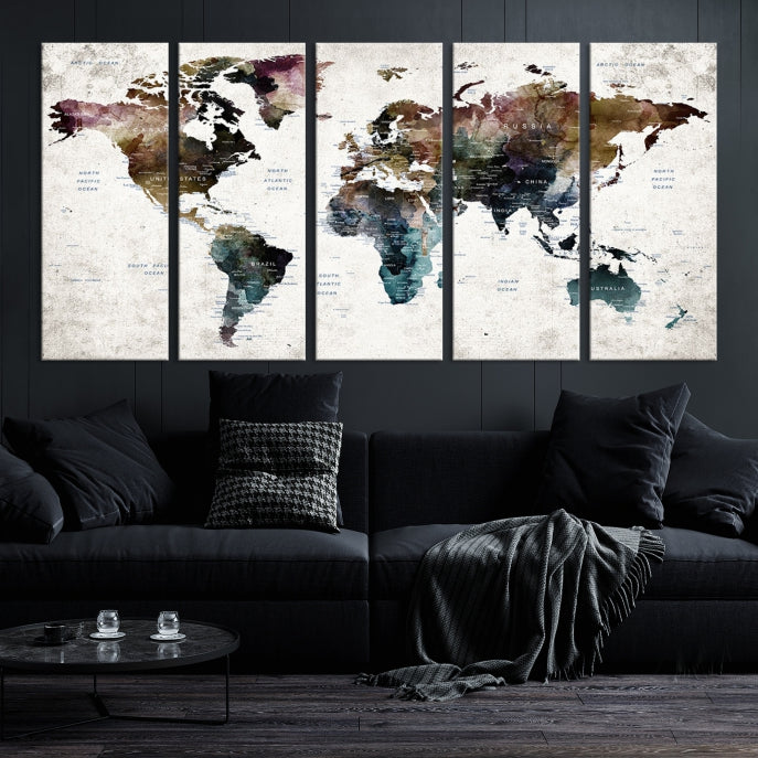 Arte de pared grande con mapa mundial y alfiler de color oscuro Lienzo
