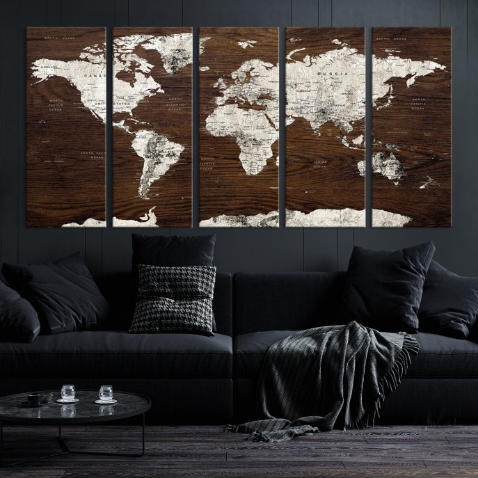 Art mural de carte du monde sur fond marron en bois Carte du monde Impression sur toile