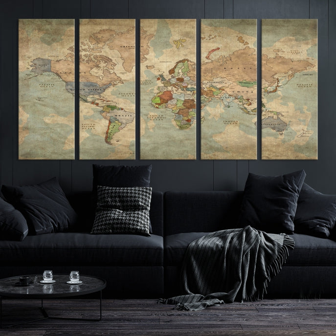 Carte du monde grunge nostalgique Art mural Carte du monde Impression sur toile