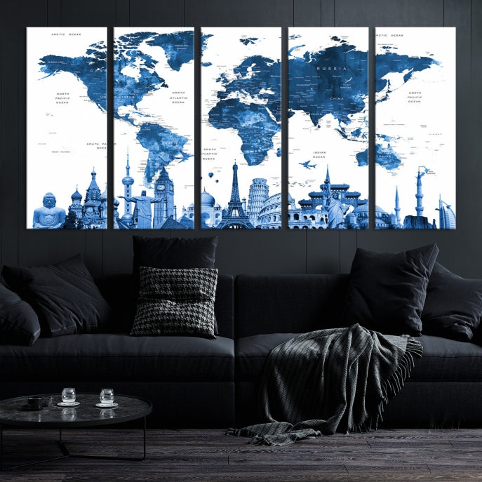 Arte de pared grande con mapa del mundo en acuarela azul con maravillas del mundo Lienzo