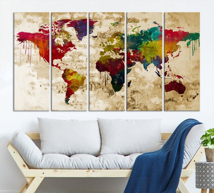 Large Wall Art World Map Watercolor Canvas Print  - World Map Poster Print