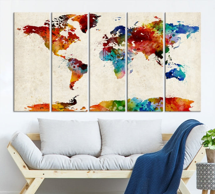 Large Wall Art World Map Watercolor Canvas Print