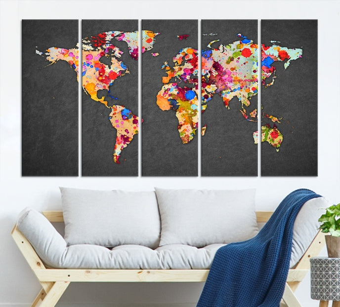 Large Wall Art World Map Watercolor Canvas Print - Splashed World Map Canvas Print - Large Travel Map
