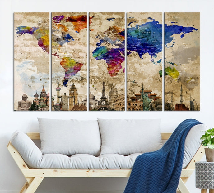 Beige Background World Map Wall Art Canvas Print