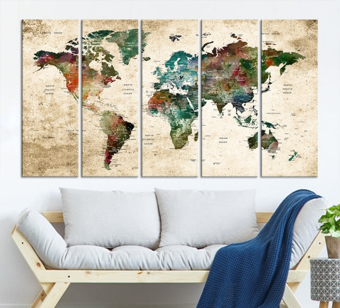 Carte du monde de punaise colorée sur fond teinté grunge Impression sur toile