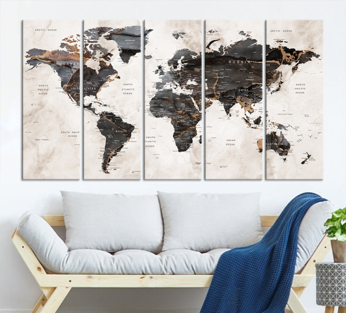 Carte du monde à punaise grise, aquarelle, Art mural, impression sur toile