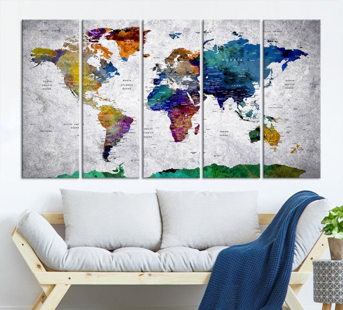 Carte du monde à punaises avec impression sur toile de l'Antarctique