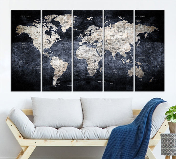 Large Black and White Metallic Push Pin World Map Wall Art Canvas Print