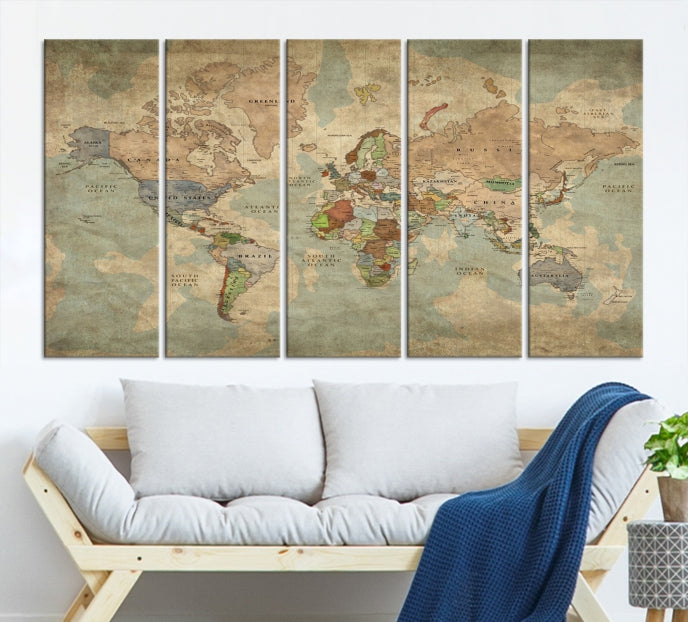 Carte du monde grunge nostalgique Art mural Carte du monde Impression sur toile