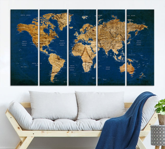 Push Pin World Map Wall Art on Navy Blue Background Canvas Print