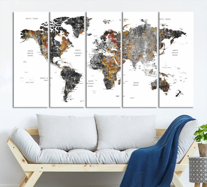 Grunge World Map Wall Art Watercolor Map Canvas Print