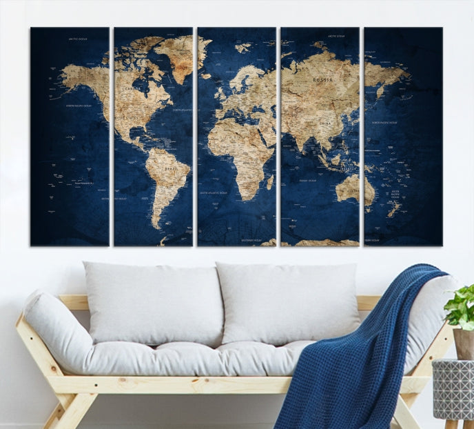 Navy Blue Detailed USA States on The Map World Map Wall Art Canvas Print