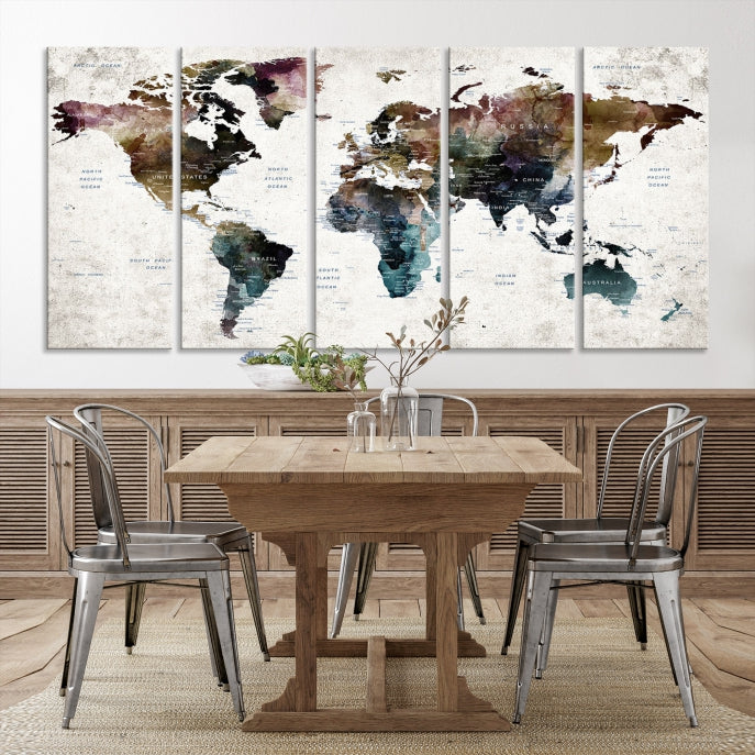 Extra Large Abstract Watercolor World Map Wall Art Canvas Print