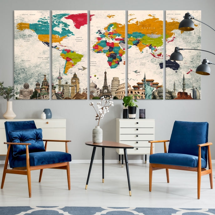 World Map Wall Art Canvas Print for Living Room Decor