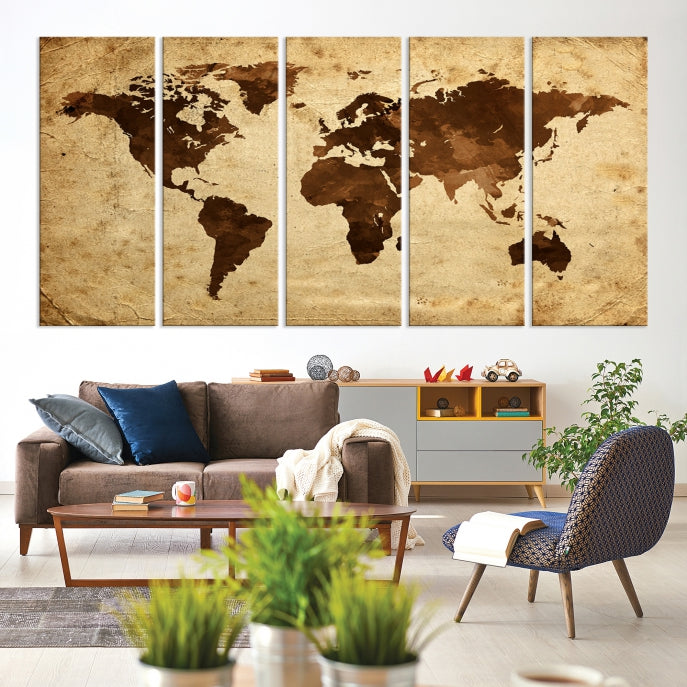 Carte du monde aquarelle marron, Art mural, impression sur toile