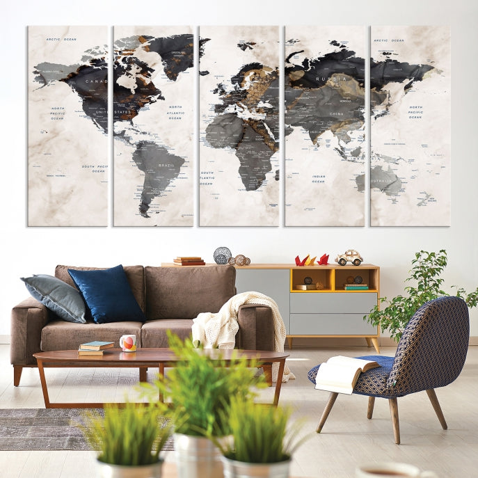Modern Grunge World Map Wall Art Canvas Print