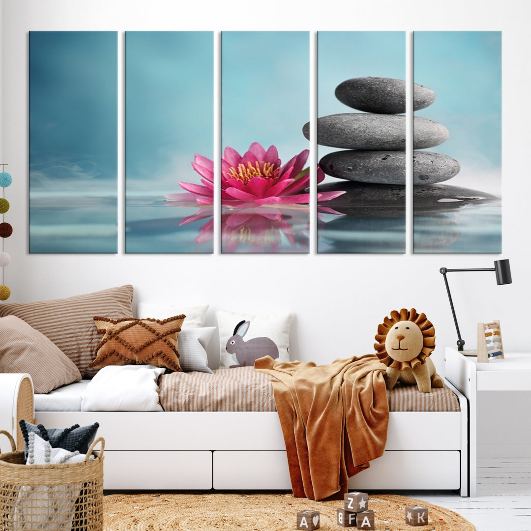 Wall Art Floral Canvas Print Water Lily and Zen Stone in a Serenity Pool