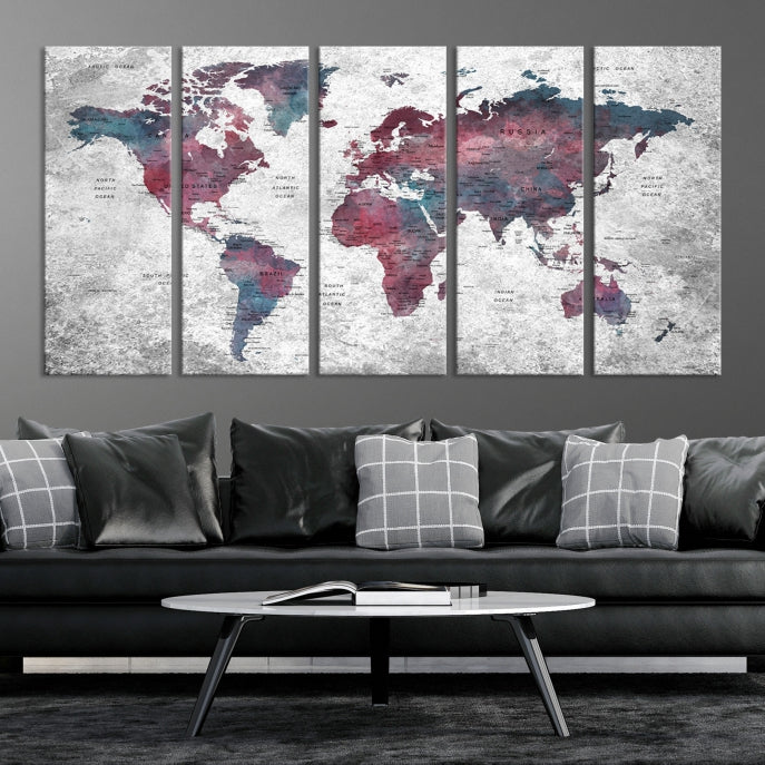 Carte du monde aquarelle grunge, art mural Impression sur toile