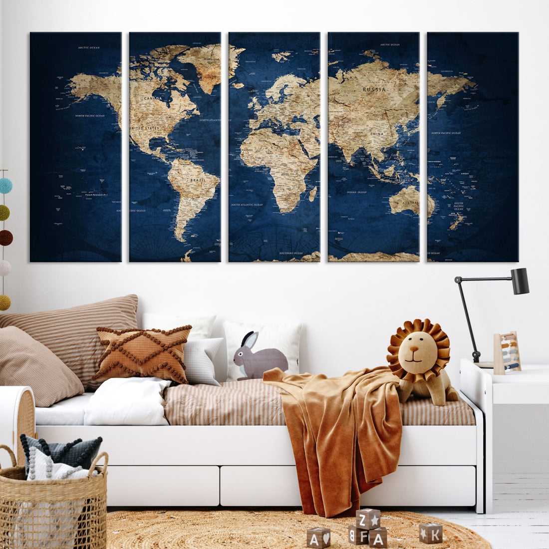62011 - Vintage World Map Wall Art Print - Grunge Map on Canvas Gallery Wall Set of 3 Panels Gift for Traveler, Large Abstract World Map for Living Room Dining Room Kitchen Office Decor